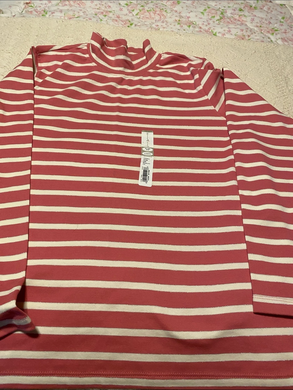 White Stag Pink and Cream Striped Mock Neck Long Sleeve Tee
